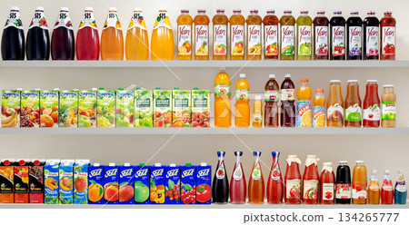 Yerevan Armenia 12.5.2025. A shelf full of juice bottles and fruit juice bottles 134265777