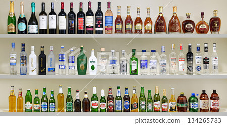 Yerevan Armenia 12.5.2025. A shelf full of liquor bottles Yerevan Armenia 12.5.2025. A shelf full of liquor bottles 134265783