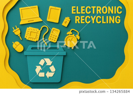 Playful paper cut layout about electronic recycling and e waste. Floating yellow electronic icons over teal background with layered depth and bin for positive educational message 134265884