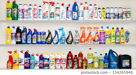 Yerevan Armenia 12.5.2025. A shelf full of various cleaning products, including dish soap Yerevan Armenia 12.5.2025. A shelf full of various cleaning products, including dish soap 134265948