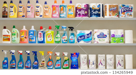 Yerevan Armenia 12.5.2025. A shelf full of cleaning supplies including a variety of soaps and paper towels 134265949