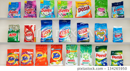 Yerevan Armenia 12.5.2025. A row of laundry detergent bags on a shelf Yerevan Armenia 12.5.2025. A row of laundry detergent bags on a shelf 134265950