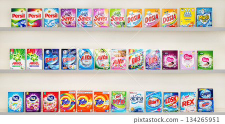Yerevan Armenia 12.5.2025. A row of laundry detergent boxes on a shelf 134265951