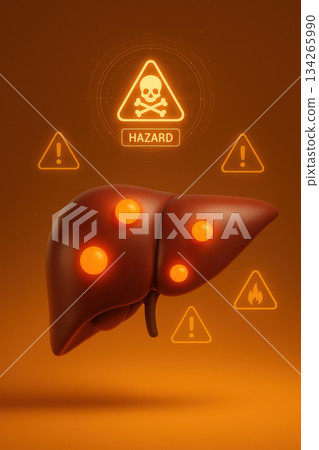 Human liver organ with toxic disease spots. holographic diagram projects major hazard, clear warning about health risk with floating orange alert icons 134265990