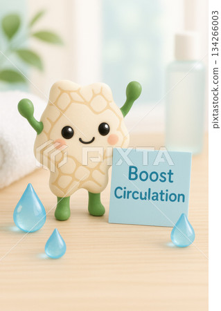 Cute happy fascia lymph model with sign to boost circulation. health and wellness concept in bright spa setting with water droplets for better body care and flow 134266003