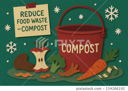 Holiday awareness illustration showing compost bucket and food waste. paper cut style design promoting eco friendly sustainability and concept to reduce and recycle Holiday awareness illustration showing compost bucket and food waste. paper cut style design promoting eco friendly sustainability and concept to reduce and recycle 134266192