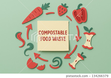 Minimal compost infographic with central note about compostable food waste. paper cut style cycle of red vegetable and fruit scrap on soft mint green background Minimal compost infographic with central note about compostable food waste. paper cut style cycle of red vegetable and fruit scrap on soft mint green background 134266379