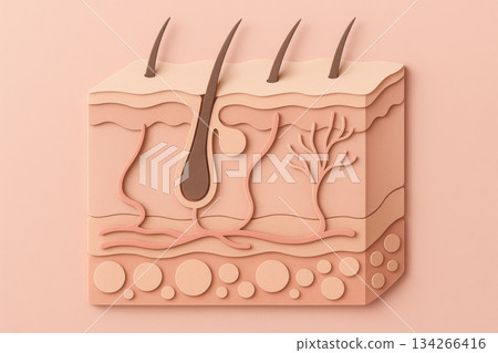 Paper cut layered skin anatomy illustration with pastel pink and beige tones. An aesthetic medical infographic showing smooth shadow and depth for an educational concept 134266416