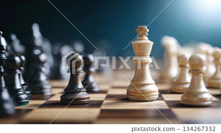 Chess competition scene featuring a wooden board with pawns and a king, illuminated by dramatic lighting, emphasizing strategic decision making Chess competition scene featuring a wooden board with pawns and a king, illuminated by dramatic lighting, emphasizing strategic decision making 134267332