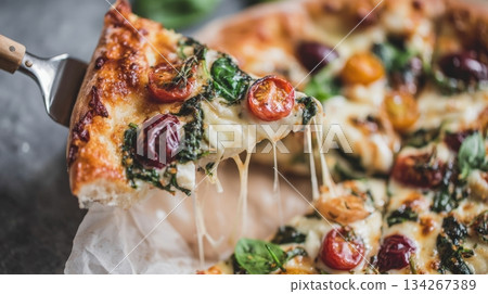 Spinach and cherry tomato pizza slice being lifted with a spatula, showcasing long cheese pull and vibrant colors for National Pizza Day 134267389