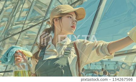 一位女員工正在認真擦拭建築物窗戶的專業工作場景 一位女員工正在認真擦拭建築物窗戶的專業工作場景 134267566