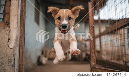 Energetic puppy joyfully jumping at kennel door, showcasing excitement and hope for adoption in a muted animal shelter environment Energetic puppy joyfully jumping at kennel door, showcasing excitement and hope for adoption in a muted animal shelter environment 134267644