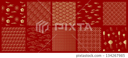 Chinese pattern set, red Asian background, gold wallpaper 134267985