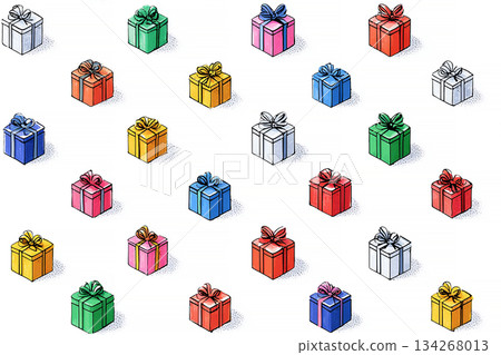 Cozy lifestyle. Seamless pattern. Bright gift boxes. Hand drawn. Minimalist style. Cozy lifestyle. Seamless pattern. Bright gift boxes. Hand drawn. Minimalist style. 134268013