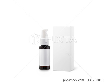 An amber-necked spray bottle with a cardboard box,  separate from a white background. 134268049