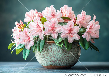 Potted beauty plant. Rhododendron bush is growing in vintage pot with fleshy leaves and flowers. Potted beauty plant. Rhododendron bush is growing in vintage pot with fleshy leaves and flowers. 134268117