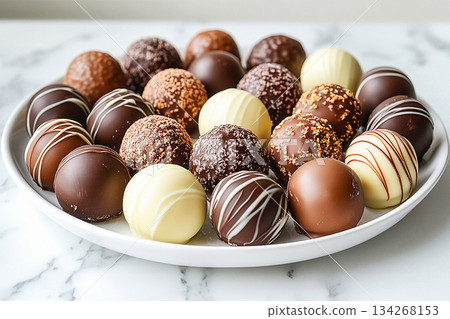 Luxury events. White plate filled with a balanced assortment of dark and milk chocolates. For gourmet chocolate companies or luxury food brands. 134268153