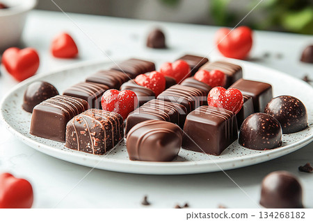 Concept related to luxury, indulgence and celebrations. White plate featuring a variety of gourmet chocolates. Valentine's Day or an anniversary, emphasizing indulgence and luxury. Concept related to luxury, indulgence and celebrations. White plate featuring a variety of gourmet chocolates. Valentine's Day or an anniversary, emphasizing indulgence and luxury. 134268182