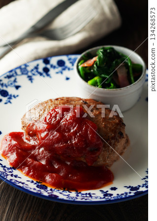 Hamburger steak, tomato sauce, butter-sauteed spinach and bacon Hamburger steak, tomato sauce, butter-sauteed spinach and bacon 134268573