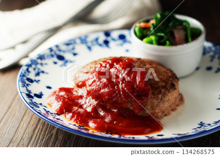 Hamburger steak, tomato sauce, butter-sauteed spinach and bacon Hamburger steak, tomato sauce, butter-sauteed spinach and bacon 134268575