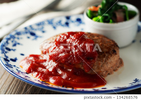 Hamburger steak, tomato sauce, butter-sauteed spinach and bacon Hamburger steak, tomato sauce, butter-sauteed spinach and bacon 134268576