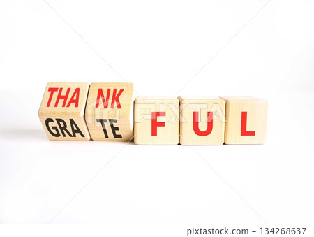 Thankful and grateful symbol. Concept words Thankful and Grateful on beautiful wooden cubes. Beautiful white background. Business, psychological thankful and grateful concept. Copy space. Thankful and grateful symbol. Concept words Thankful and Grateful on beautiful wooden cubes. Beautiful white background. Business, psychological thankful and grateful concept. Copy space. 134268637
