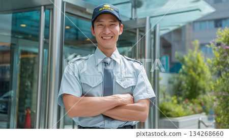 A young male staff member working as a security guard to protect the safety and security of the community 134268660