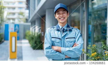 A workplace scene of a young male staff member working hard and with a sense of responsibility at a security site 134268661