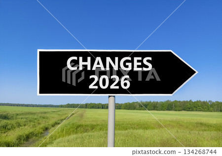 Changes 2026 symbol. Concept words Changes 2026 on beautiful black road sign. Beautiful green grass field forest and blue sky background. Business and changes 2026 concept. Copy space. 134268744