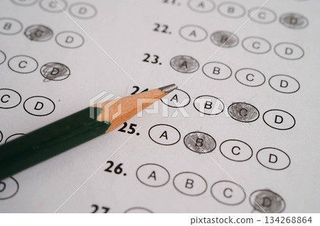 Answer sheets with pencil drawing fill to select choice, education concept. Answer sheets with pencil drawing fill to select choice, education concept. 134268864