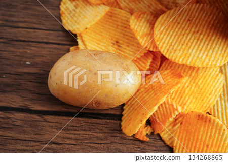 Potato chips in open bag, delicious BBQ seasoning spicy for crips, thin slice deep fried snack fast food. Potato chips in open bag, delicious BBQ seasoning spicy for crips, thin slice deep fried snack fast food. 134268865