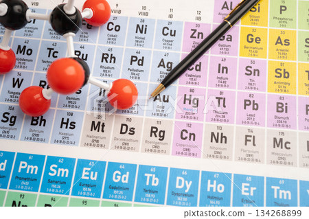 Molecules chemical on a periodic table background. Molecules chemical on a periodic table background. 134268899