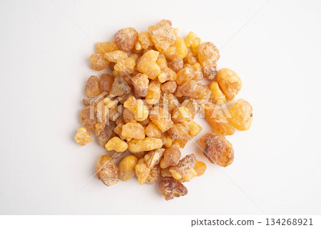 Frankincense or olibanum aromatic resin isolated on white background used in incense and perfumes. 134268921