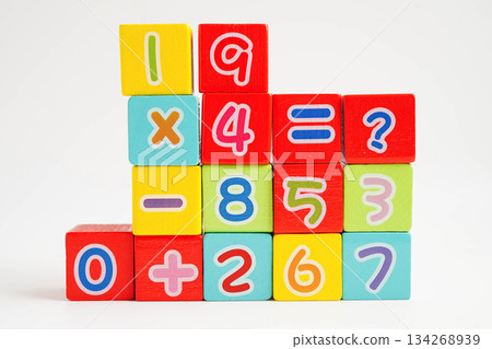 Number wood block cubes for learning Mathematic, education math. 134268939