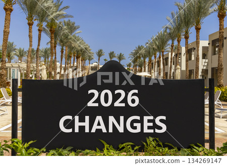 2026 Changes symbol. Concept words 2026 Changes on beautiful black road sign. Beautiful palm trees palm-trees and blue sky background. Business and 2026 changes concept. Copy space. 134269147