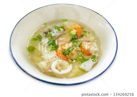 Top view of Shrimp and squid rice porridge, focus selective Top view of Shrimp and squid rice porridge, focus selective 134269258