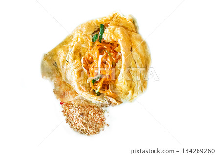 Top view of Pad Thai wrapped in egg, focus selective Top view of Pad Thai wrapped in egg, focus selective 134269260