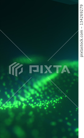 Flowing wave of glowing green digital particles on a dark background 134269279