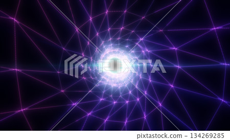 Abstract glowing violet grid tunnel with geometric network lines converging into a bright core, isolated on white background Abstract glowing violet grid tunnel with geometric network lines converging into a bright core, isolated on white background 134269285