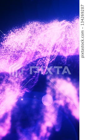 Flowing purple wave of sparkling particles rising into a glowing cloud of light over a deep blue background Flowing purple wave of sparkling particles rising into a glowing cloud of light over a deep blue background 134269287