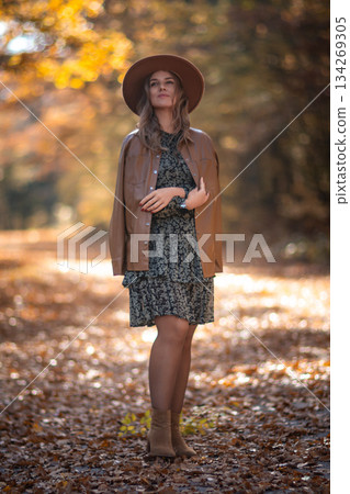 Woman Autumn Fashion Cape Dress Forest Path Photography Woman Autumn Fashion Cape Dress Forest Path Photography 134269305