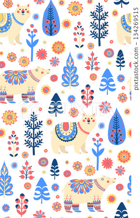 Scandinavian Polar Bears Seamless Pattern, Cute Nordic Winter Vector Illustration Scandinavian Polar Bears Seamless Pattern, Cute Nordic Winter Vector Illustration 134269515