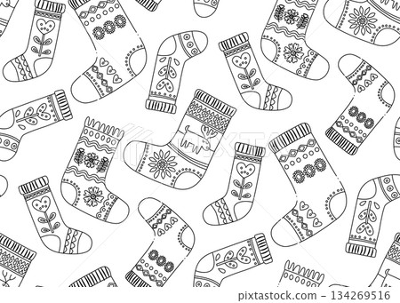 Cozy Scandinavian Winter Socks Seamless Pattern, Nordic Folk Vector Illustration 134269516