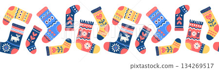 Cozy Scandinavian Winter Socks Seamless border Pattern, Nordic Folk Vector Illustration Cozy Scandinavian Winter Socks Seamless border Pattern, Nordic Folk Vector Illustration 134269517
