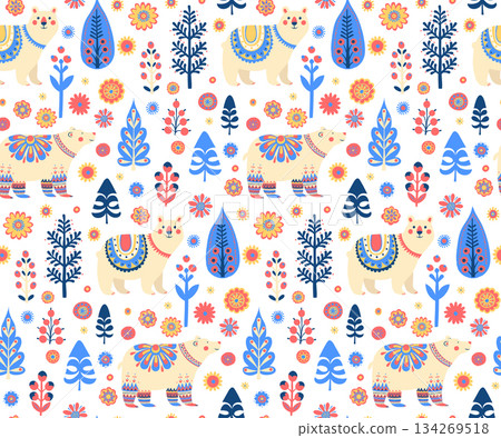 Scandinavian Polar Bears Seamless Pattern, Cute Nordic Winter Vector Illustration Scandinavian Polar Bears Seamless Pattern, Cute Nordic Winter Vector Illustration 134269518