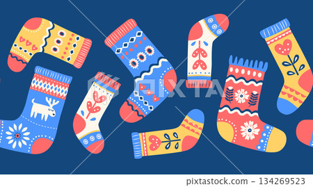 Cozy Scandinavian Winter Socks Seamless border Pattern, Nordic Folk Vector Illustration Cozy Scandinavian Winter Socks Seamless border Pattern, Nordic Folk Vector Illustration 134269523