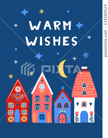 Scandi Christmas Village at Night, Cozy Happy Holidays Illustration 134269524