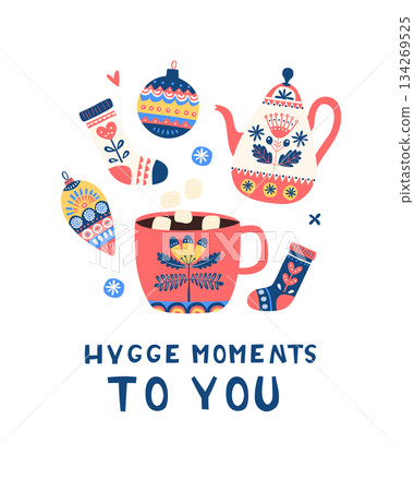 Warm Winter Hygge Set with Teapot, Mug, Mittens and Ornaments, Cozy Holiday Illustration 134269525