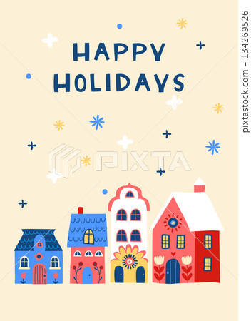 Scandi Christmas Village at Night, Cozy Happy Holidays Illustration Scandi Christmas Village at Night, Cozy Happy Holidays Illustration 134269526