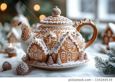 Food industry. Gingerbread house shaped ceramic teapot with lid on a white background. Christmas atmosphere. Food industry. Gingerbread house shaped ceramic teapot with lid on a white background. Christmas atmosphere. 134269539
